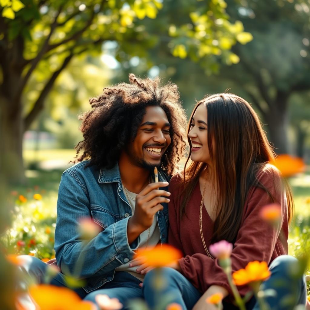 An interracial couple sitting closely together in a relaxed setting, sharing a joint and laughing