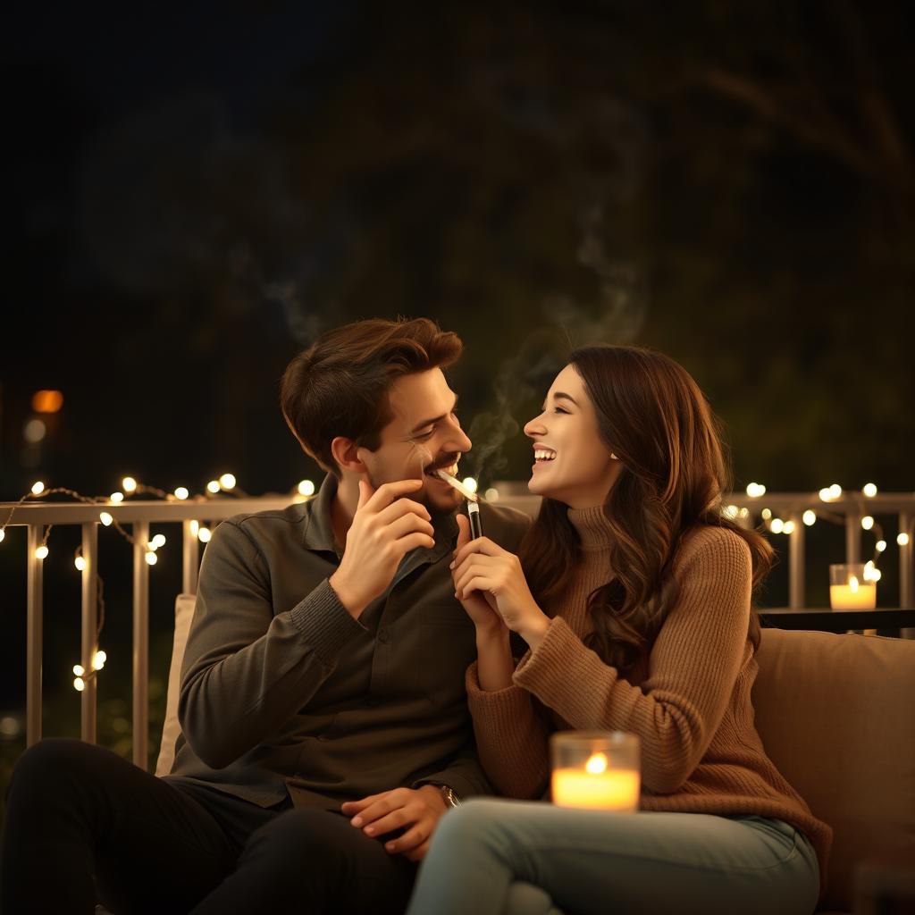 A romantic couple sharing a joint in a cozy, intimate setting at night