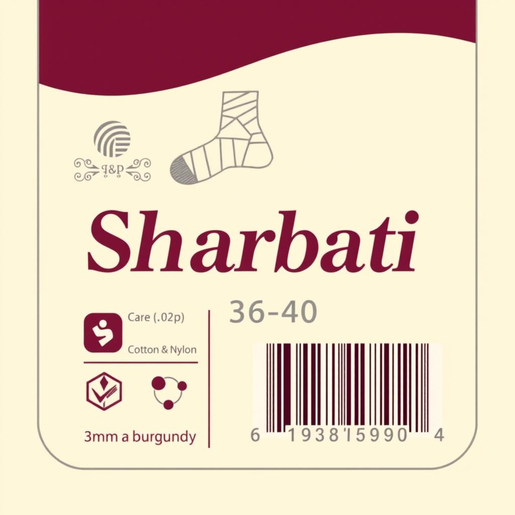 A women's sock tag design (6cm x 18cm) featuring a soft beige background with a light wave of burgundy