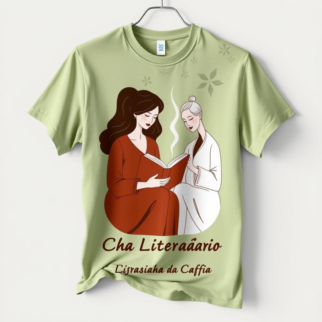 Camiseta na cor café, palha e areia, apresentando silhuetas de pessoas segurando um livro e uma xícara, com o tema XII Chá Literário do CEE 02 de Ceilândia
