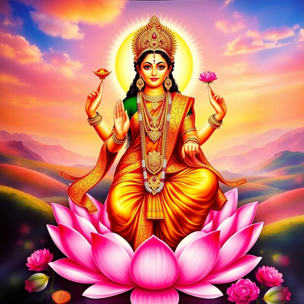 A stunning depiction of Goddess Lakshmi, the embodiment of wealth and prosperity, adorned in a rich, flowing red and gold saree