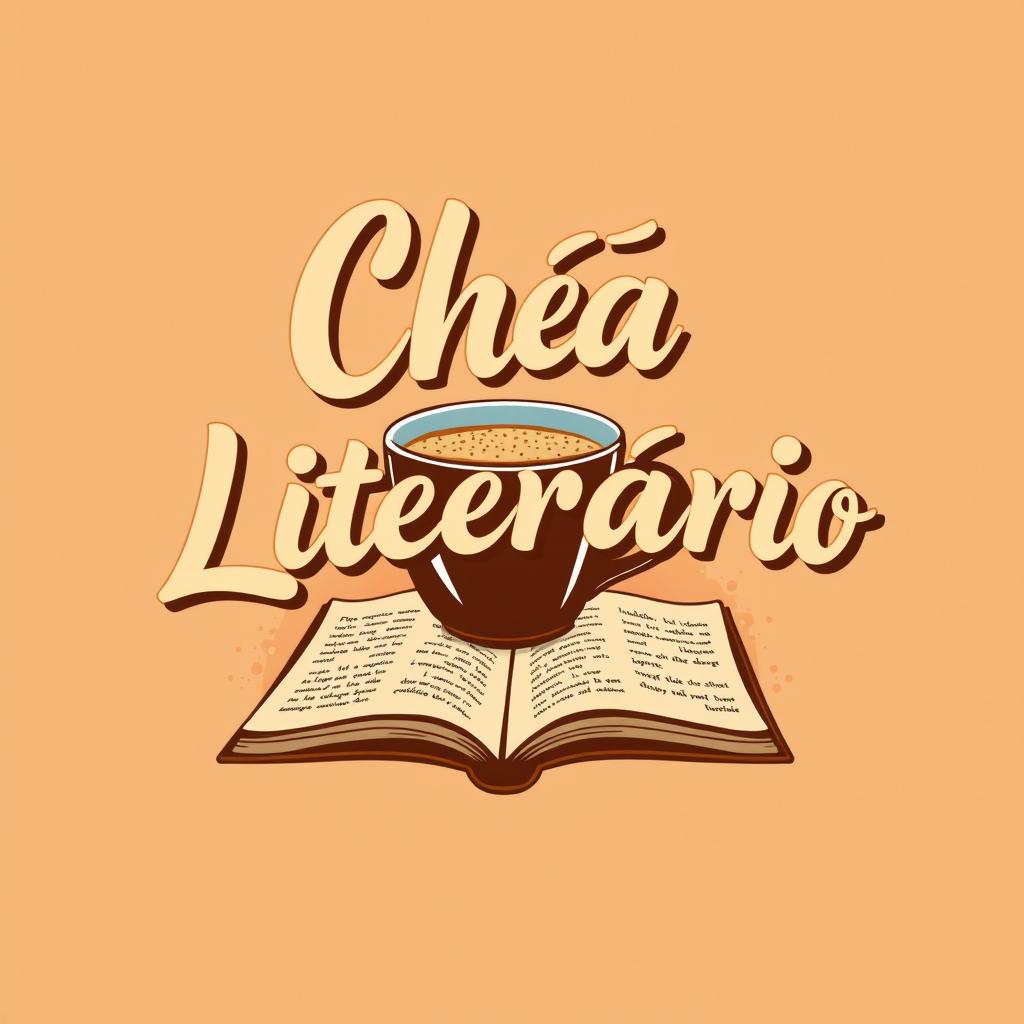 A trendy illustration for a literary t-shirt design featuring the phrase 'Chá Literário' in artistic typography