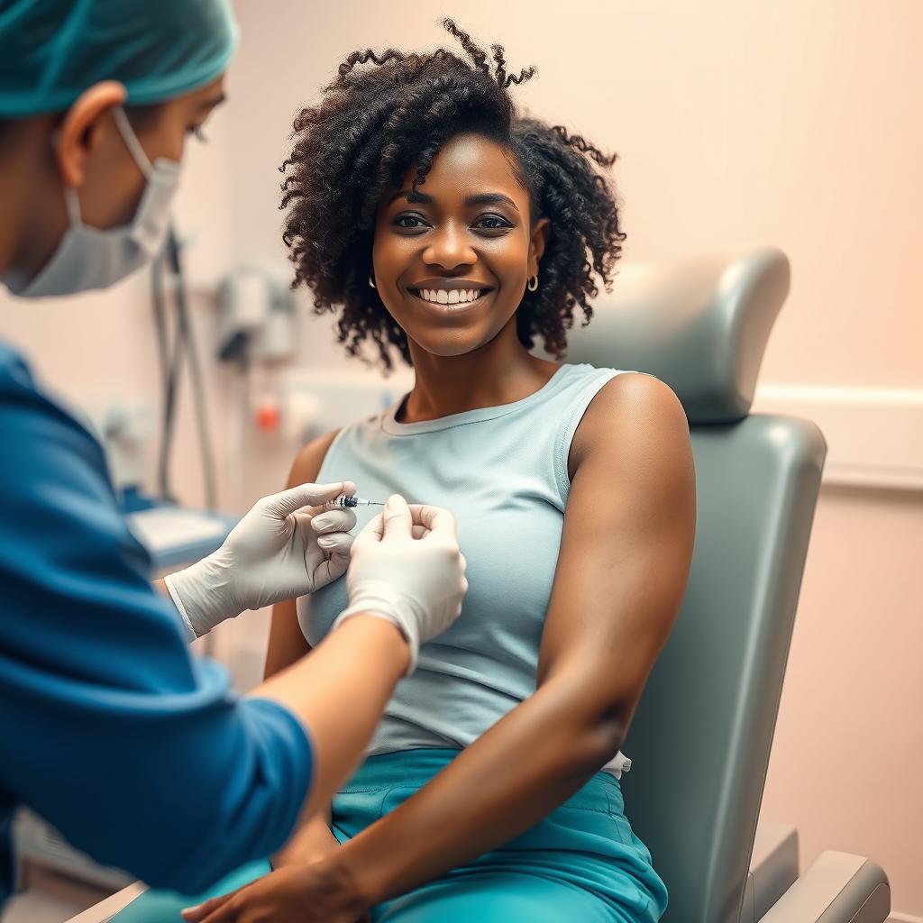 A beautiful mulatto woman receiving an intramuscular injection in her gluteus