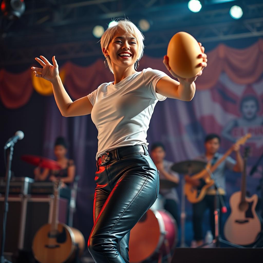 A stunningly realistic image of a beautiful 25-year-old woman of Indonesian-Dutch descent, featuring short blonde hair and wearing rocker-style earrings