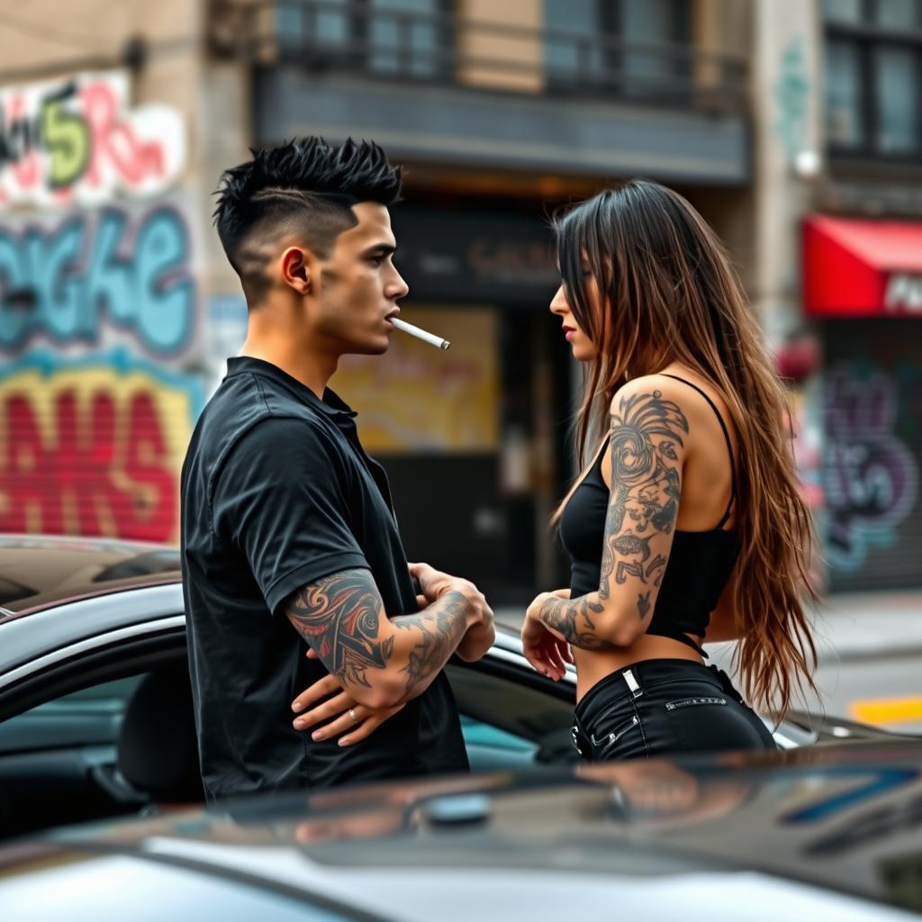 A tattooed young man with a short black haircut, dressed in a black shirt, approaches a tattooed young woman while standing next to a sleek car