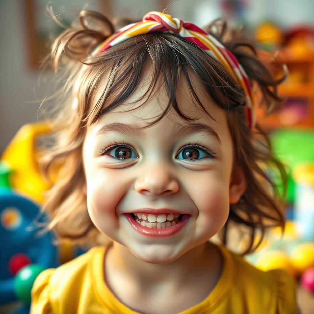 A close-up portrait of a young girl with an innocent and joyful expression, showcasing her toddler-like teeth that are still growing in, with some gaps and mostly just her gums visible, giving a charming and playful look