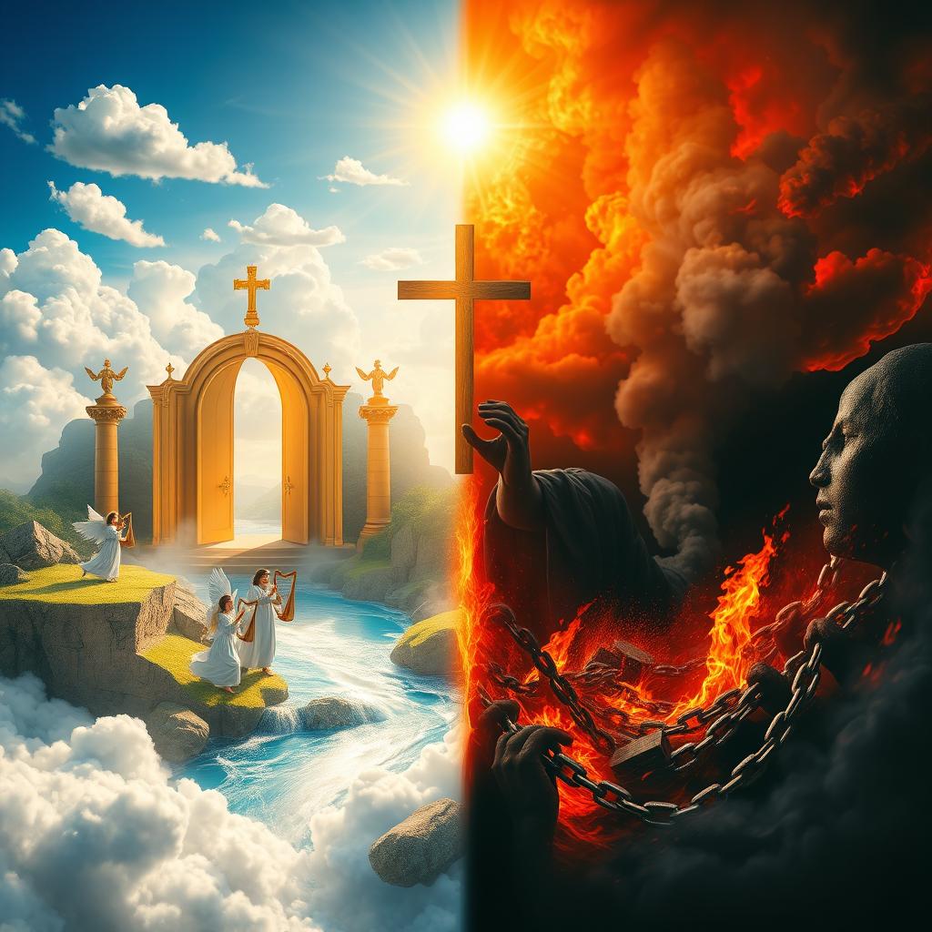 An imaginative split scene illustrating the contrasting concepts of heaven and hell as understood in Christianity