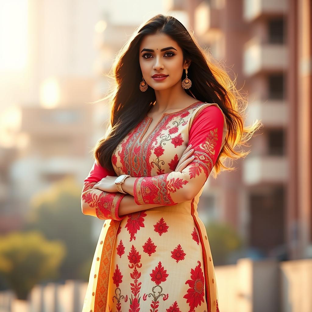 A confident and powerful woman wearing a beautifully embroidered salwar kameez, radiating empowerment and grace