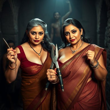 Two sexy, hot, busty MILF beautiful aunts with fair skin, exuding a queen-like presence, dressed in elegant sarees