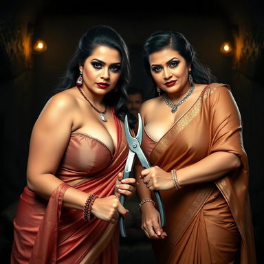 Two sexy, hot, busty MILF beautiful aunts with fair skin, exuding a queen-like presence, dressed in elegant sarees