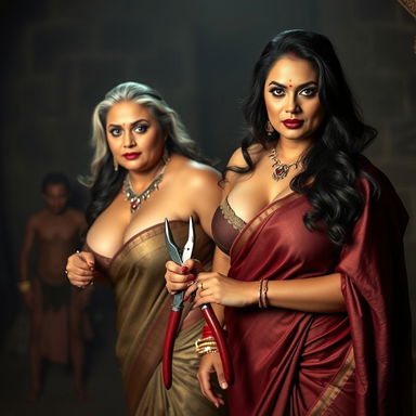 Two sexy, hot, busty MILF beautiful aunts with fair skin, exuding a queen-like presence, dressed in elegant sarees
