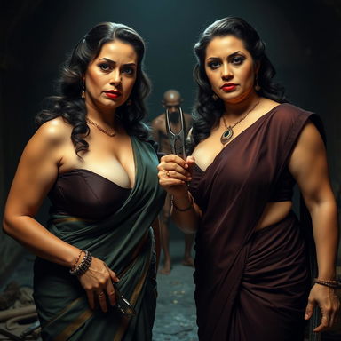 Two sexy, hot, busty MILF beautiful aunts with fair skin, exuding a queen-like presence, dressed in elegant sarees