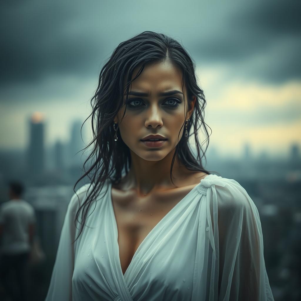 A poignant scene featuring a crying woman wearing a flowing white dress, completely drenched in rain, droplets cascading off her hair and dress