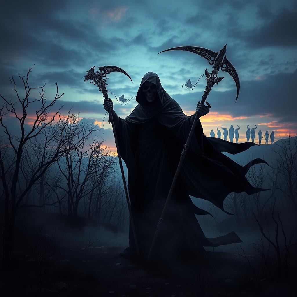 A dramatic depiction of death personified as a mysterious and dark figure, shrouded in a flowing black cloak that billows in the wind