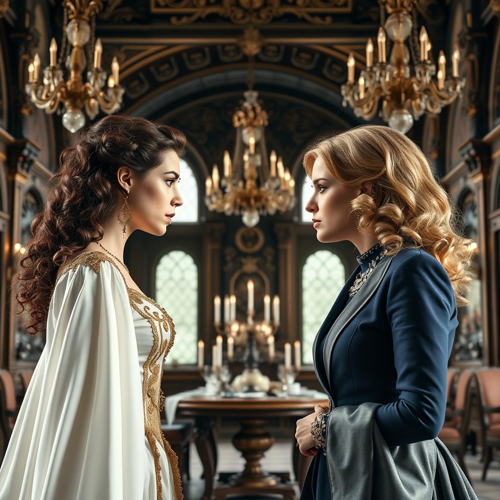 Two queens staring intensely at each other in a grandeur kitchen hall of a rich castle