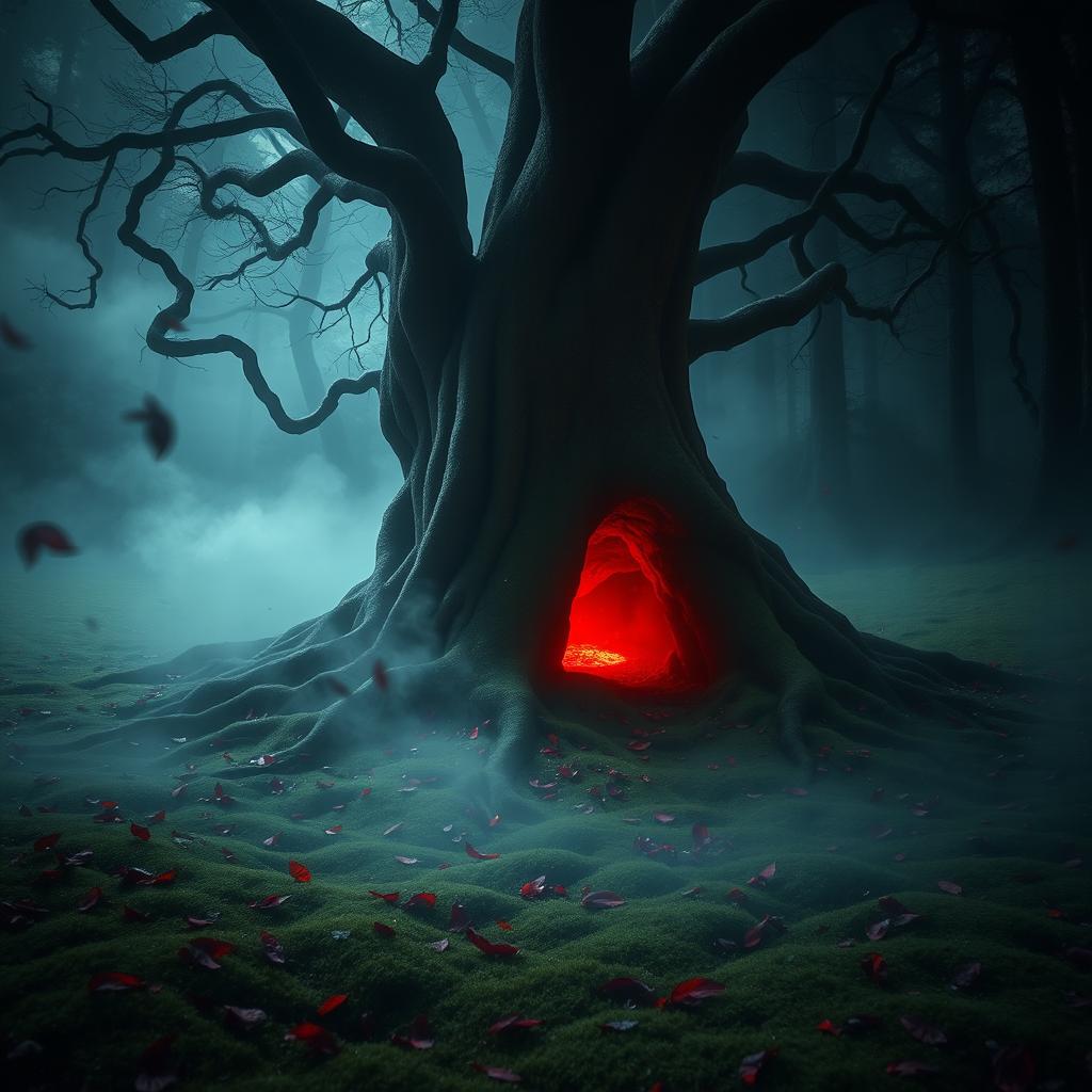A mysterious scene set in a dimly lit forest, where the ground is covered with soft, lush moss and scattered crimson leaves
