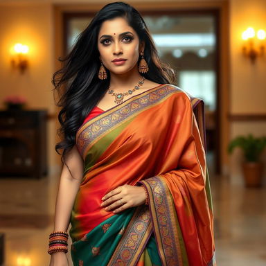 A confident and alluring woman in a beautifully styled saree that accentuates her curves, featuring a fitted blouse that highlights her figure