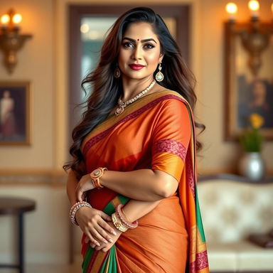 A confident and alluring woman in a beautifully styled saree that accentuates her curves, featuring a fitted blouse that highlights her figure