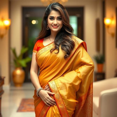 A confident and alluring woman in a beautifully styled saree that accentuates her curves, featuring a fitted blouse that highlights her figure
