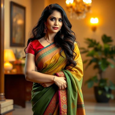 A confident and alluring woman in a beautifully styled saree that accentuates her curves, featuring a fitted blouse that highlights her figure