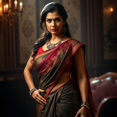 A striking and seductive woman in a lavishly styled saree that accentuates her curves, with a tight-fitting blouse that highlights her figure