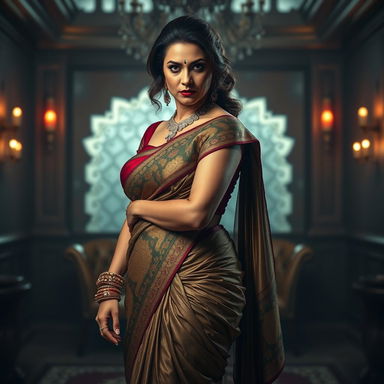 A striking and seductive woman in a lavishly styled saree that accentuates her curves, with a tight-fitting blouse that highlights her figure