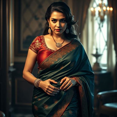 A striking and seductive woman in a lavishly styled saree that accentuates her curves, with a tight-fitting blouse that highlights her figure