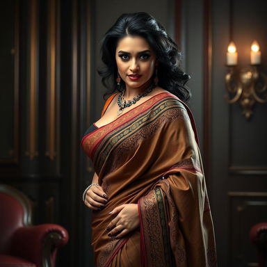 A striking and seductive woman in a lavishly styled saree that accentuates her curves, with a tight-fitting blouse that highlights her figure