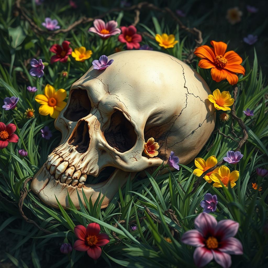 A detailed and realistic depiction of a skull laying on the ground, surrounded by vibrant green grass, colorful flowers in various hues (like purple, yellow, and red), and intertwining vines adding a touch of nature