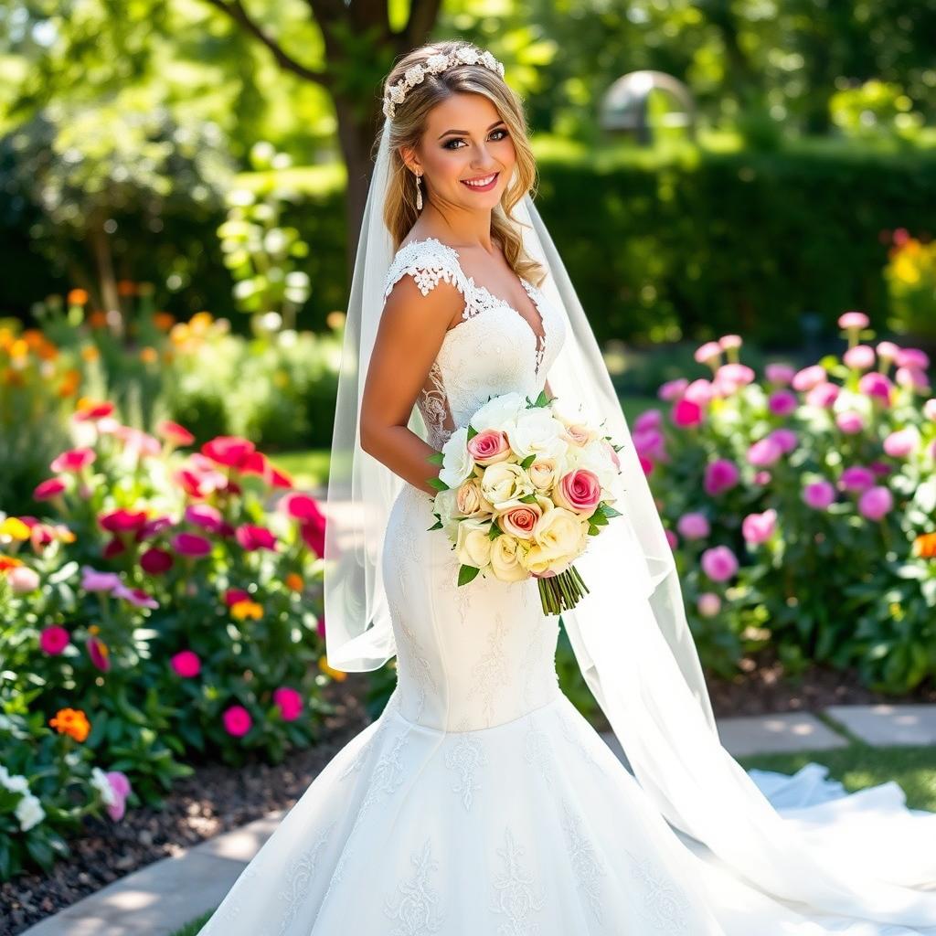 A beautiful bride in a stunning white wedding gown, adorned with intricate lace and embroidery