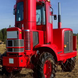 A visually striking red tractor, with sharp details reflecting the majestic machinery aesthetics.