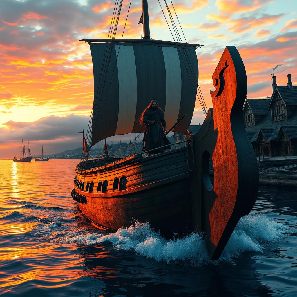 A magnificent Viking ship sailing at sunrise, featuring Ragnar Lothbrok, a legendary Norse hero with long hair and a fierce expression, standing proudly on the deck