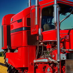 A visually striking red tractor, with sharp details reflecting the majestic machinery aesthetics.