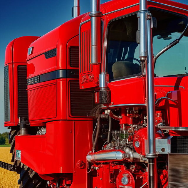 A visually striking red tractor, with sharp details reflecting the majestic machinery aesthetics.