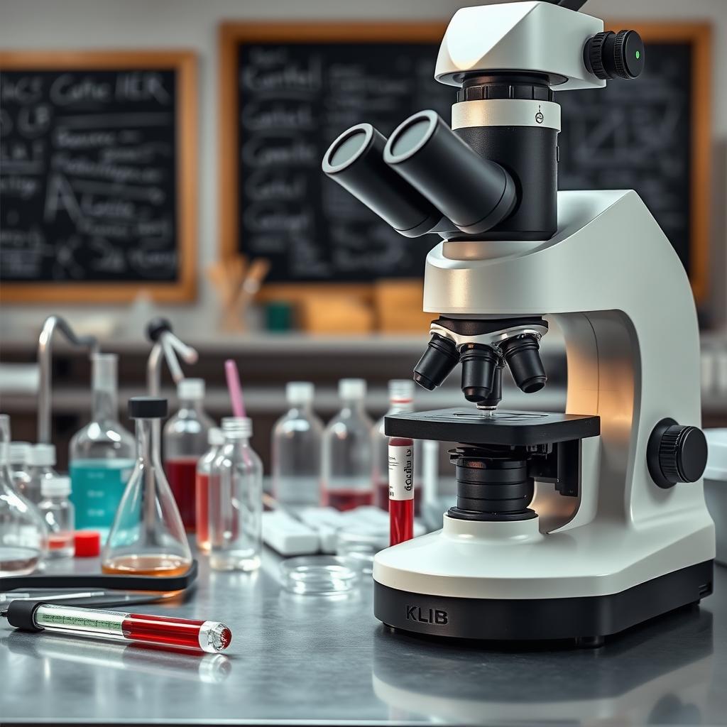 A highly detailed and realistic laboratory scene showcasing a modern microscope with a focused lens