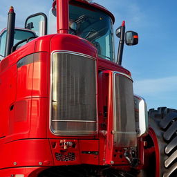 A visually striking red tractor, with sharp details reflecting the majestic machinery aesthetics.