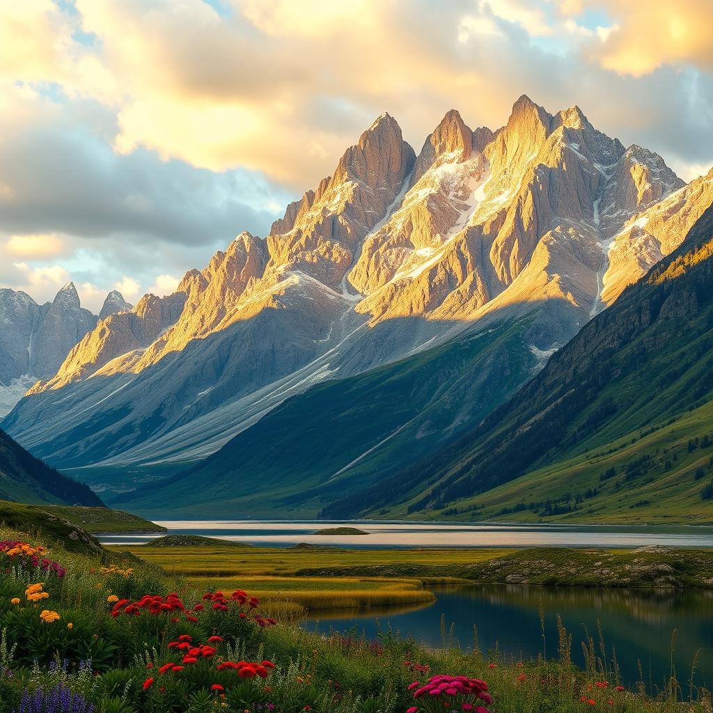 A stunning landscape showcasing a massive, majestic mountain range dominating the background, with vibrant, lush valleys at the forefront