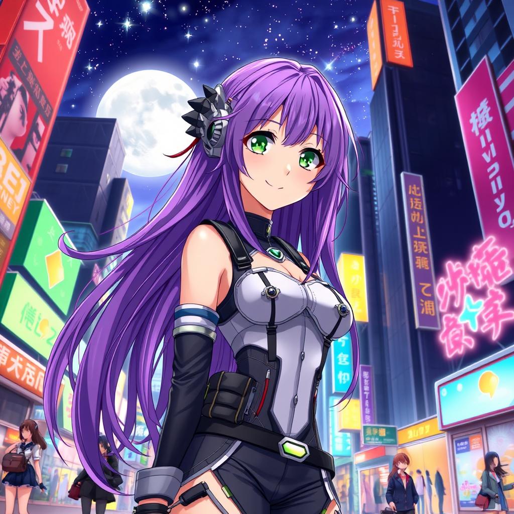 An anime-style illustration of a beautiful young woman with long, flowing purple hair, wearing a stylish futuristic outfit, standing in a vibrant cityscape filled with neon lights and tall buildings