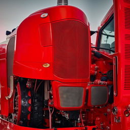 A visually striking red tractor, with sharp details reflecting the majestic machinery aesthetics.