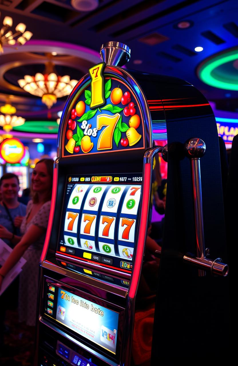 A vibrant and colorful slot machine, adorned with classic symbols like cherries, bells, and lucky sevens