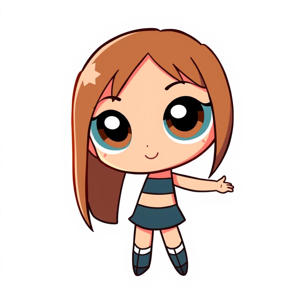 A single powerpuff girl character, featuring a short stature, with straight brown hair, brown skin, and brown eyes