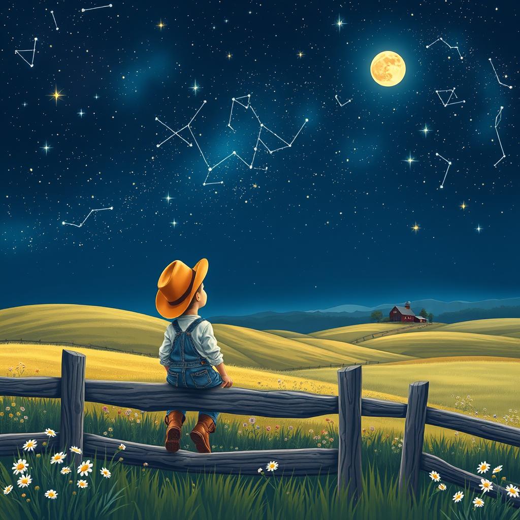 A charming rural scene depicting a country boy sitting on a wooden fence under a breathtaking starry night sky