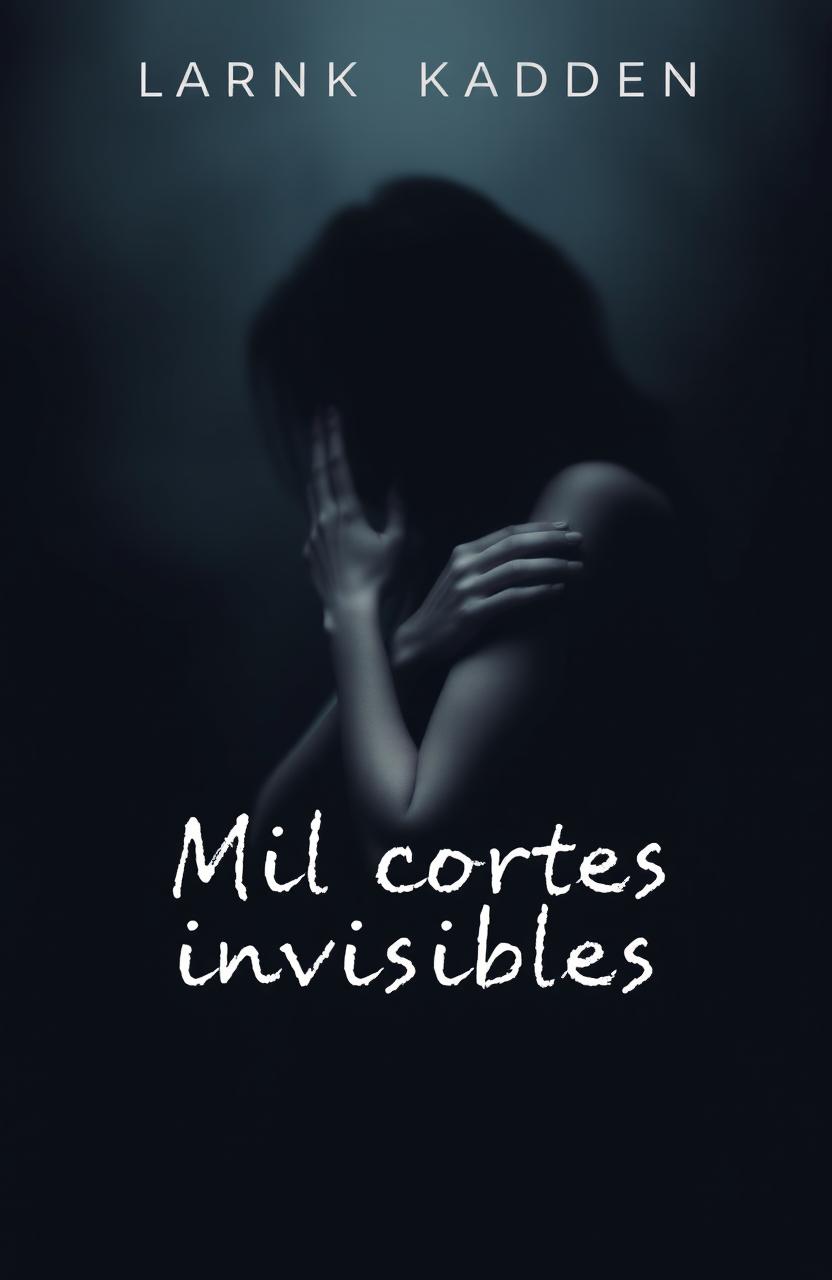 A cover design for the book "Mil cortes invisibles" featuring a dark background with deep grey or blue tones to evoke sadness and isolation, subtly representing inner conflict