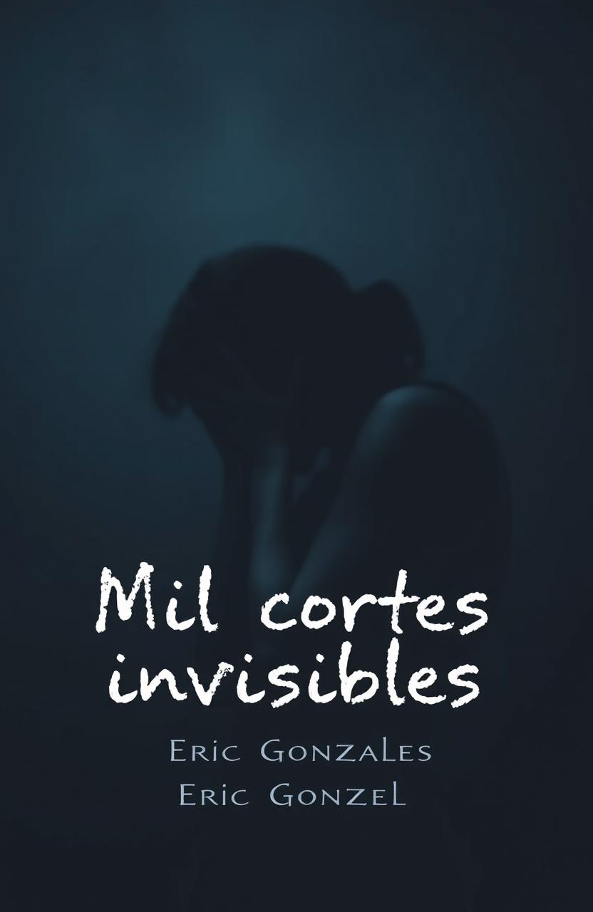 A dark and moody cover design for 'Mil cortes invisibles', featuring a deep grey or blue background that evokes feelings of sadness and isolation, subtly symbolizing the protagonist's internal conflict
