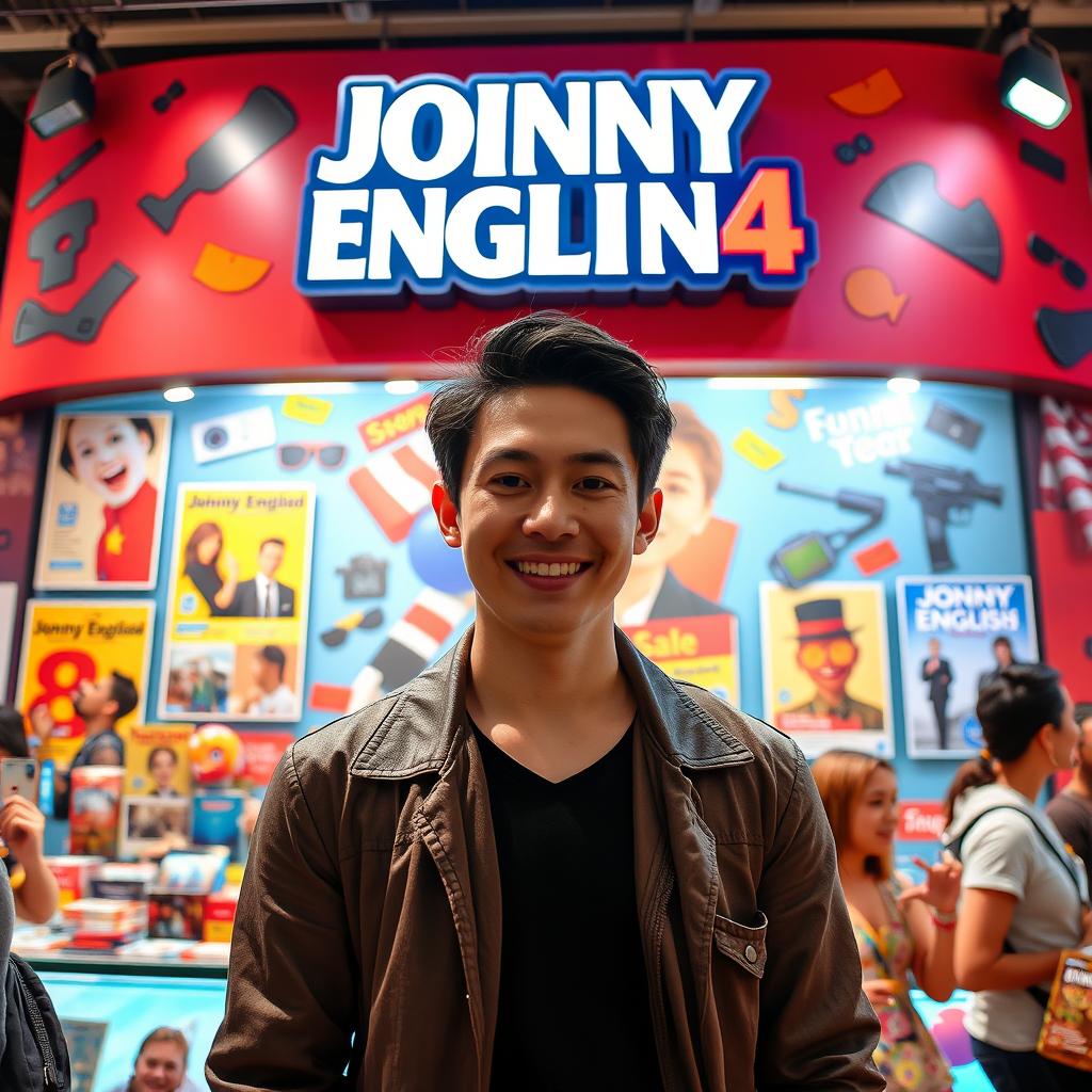 Coryxkenshin standing in front of a vibrant promotional display for 'Johnny English 4', featuring a fun and lively atmosphere filled with colorful posters and merchandise, with Cory smiling and engaged with fans