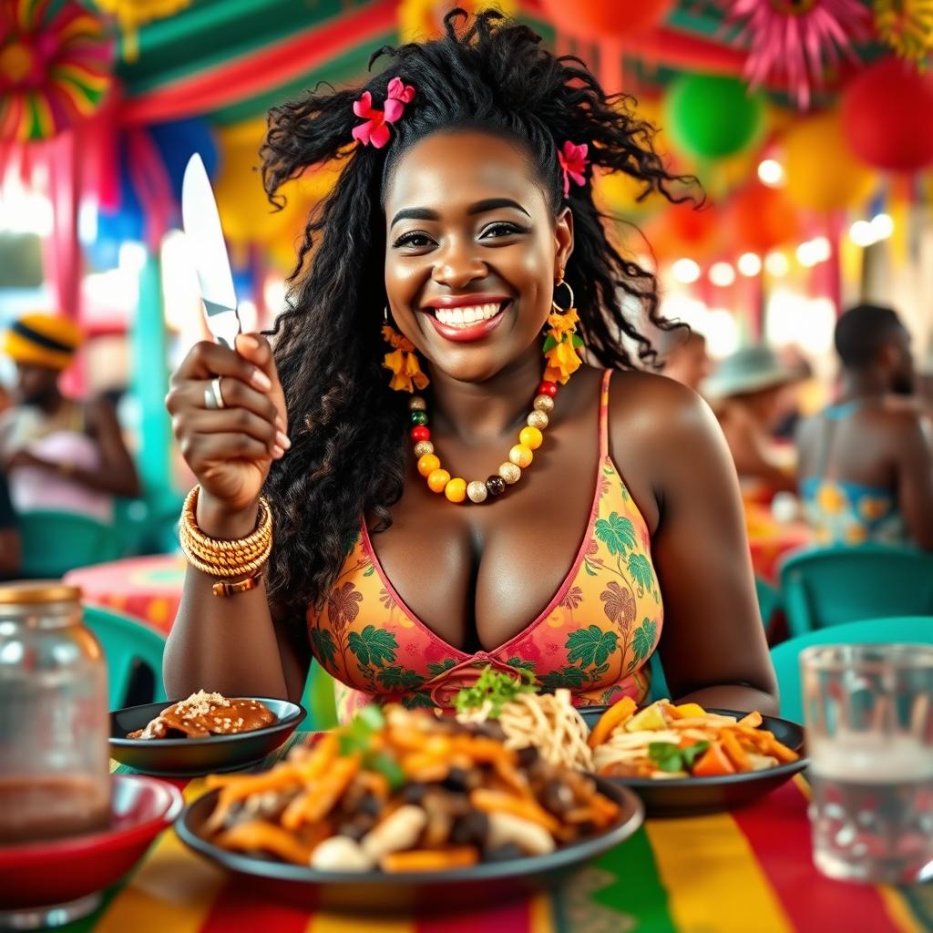 A beautiful black Caribbean woman with a big booty, joyfully sitting at a vibrant carnival table, holding up a knife and fork, ready to eat a colorful plate of traditional Caribbean food