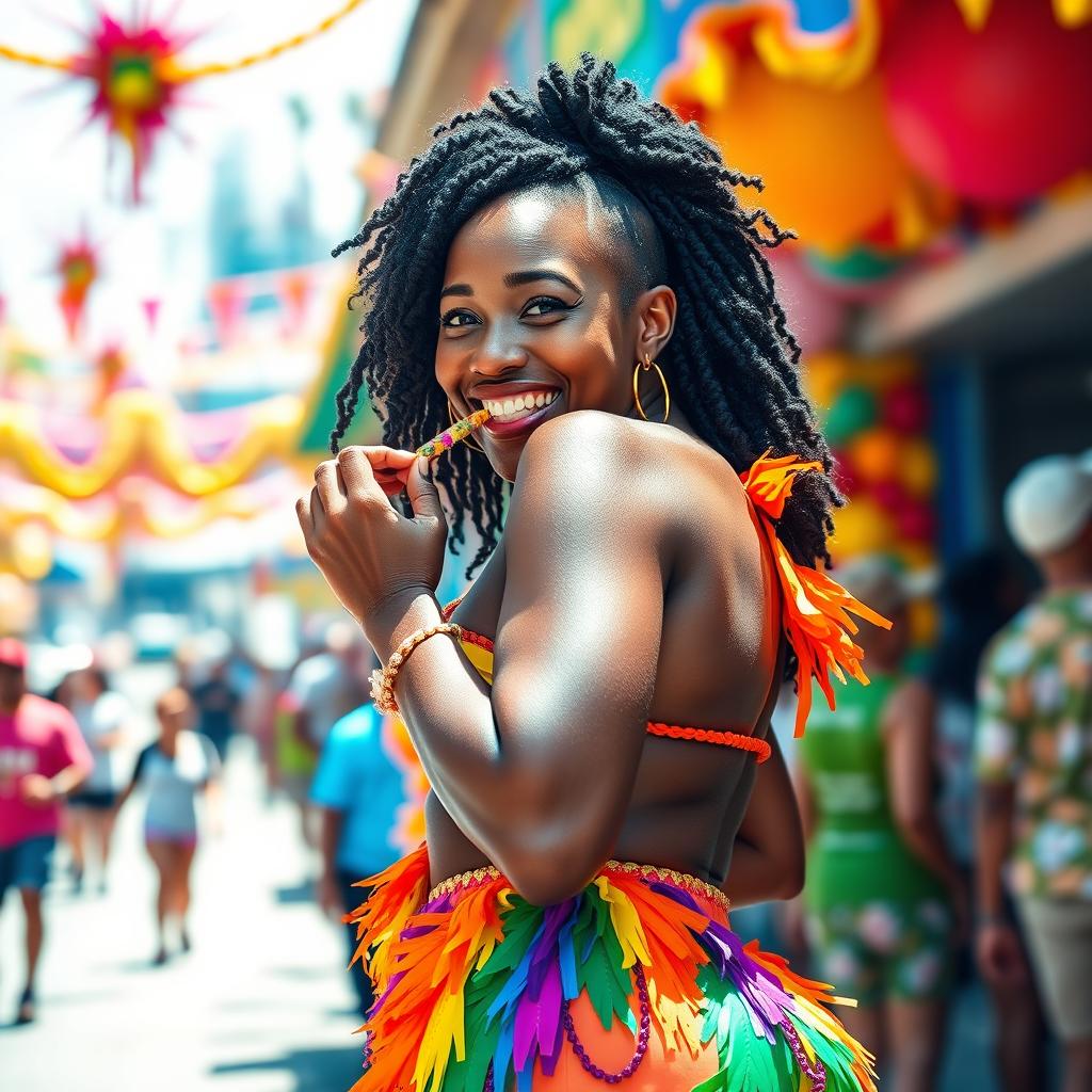 A beautiful black Caribbean woman with a big booty, dressed in vibrant carnival attire, joyfully participating in a carnival celebration