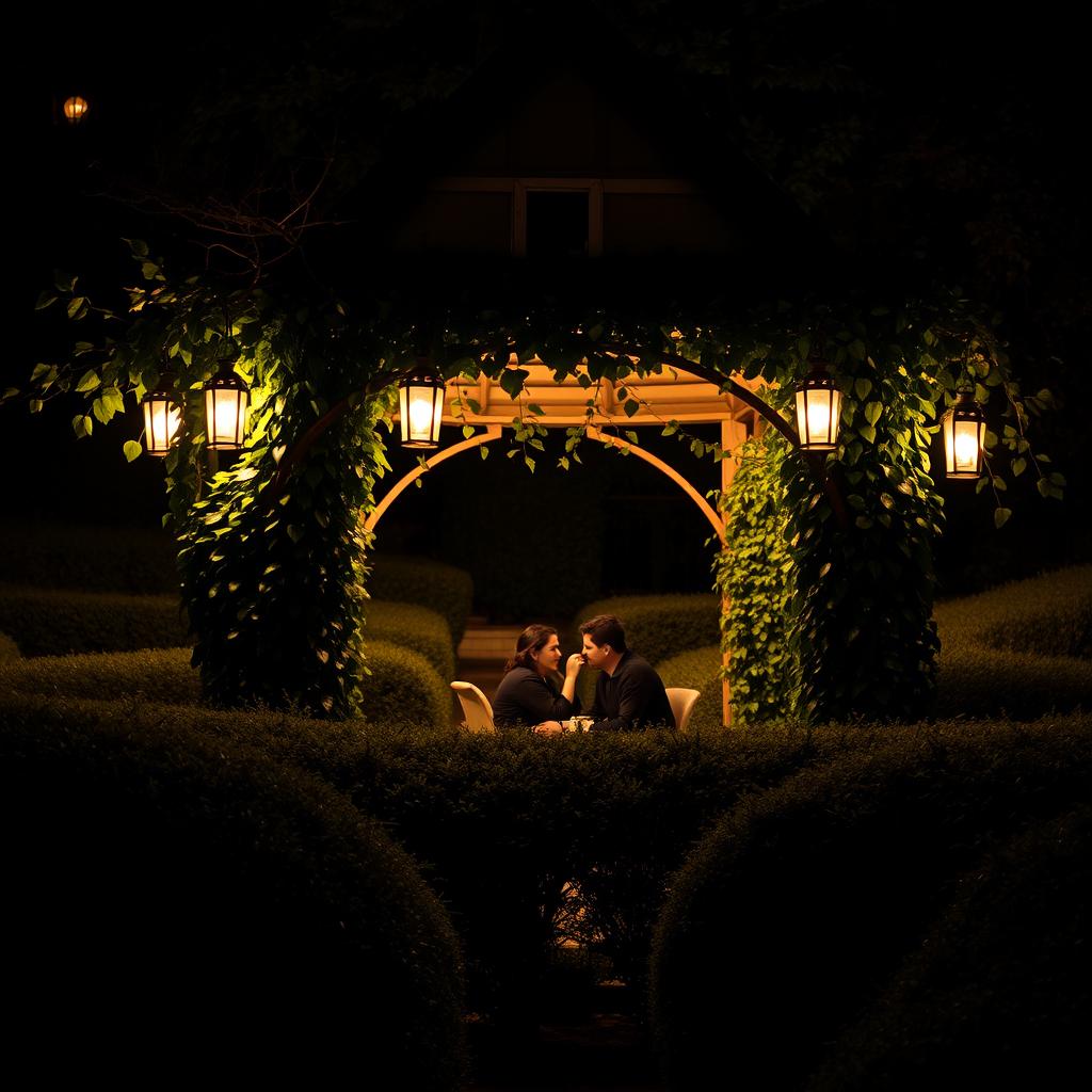 A picturesque night garden scene featuring a gazebo entwined with lush ivy and adorned with beautiful lanterns casting a soft, warm glow
