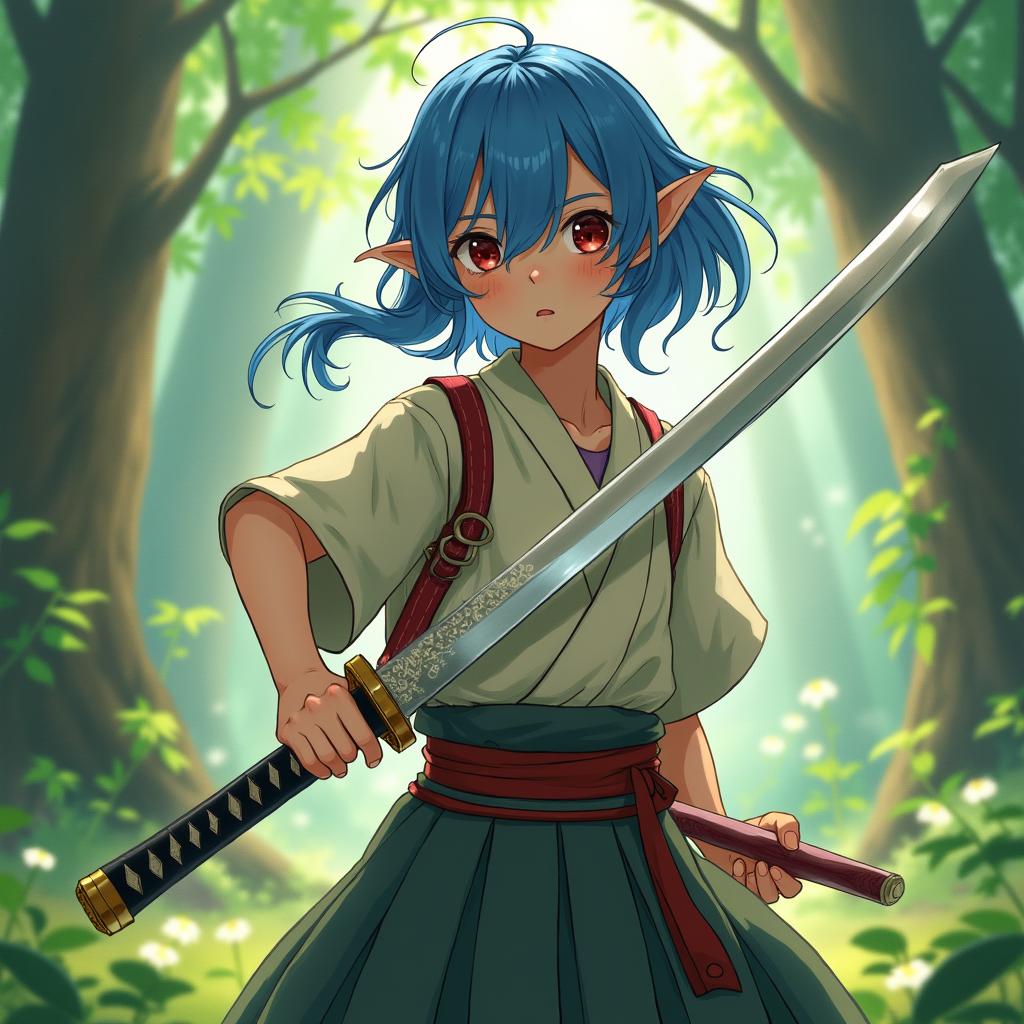 A twelve-year-old female half-elf commoner with striking blue hair, depicted in a vibrant forest setting