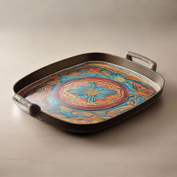 A new-style serving tray sculpted from metal, adorned with an intricate pattern, and painted with the most vibrant and pleasing colors, enhanced with two sturdy handles.